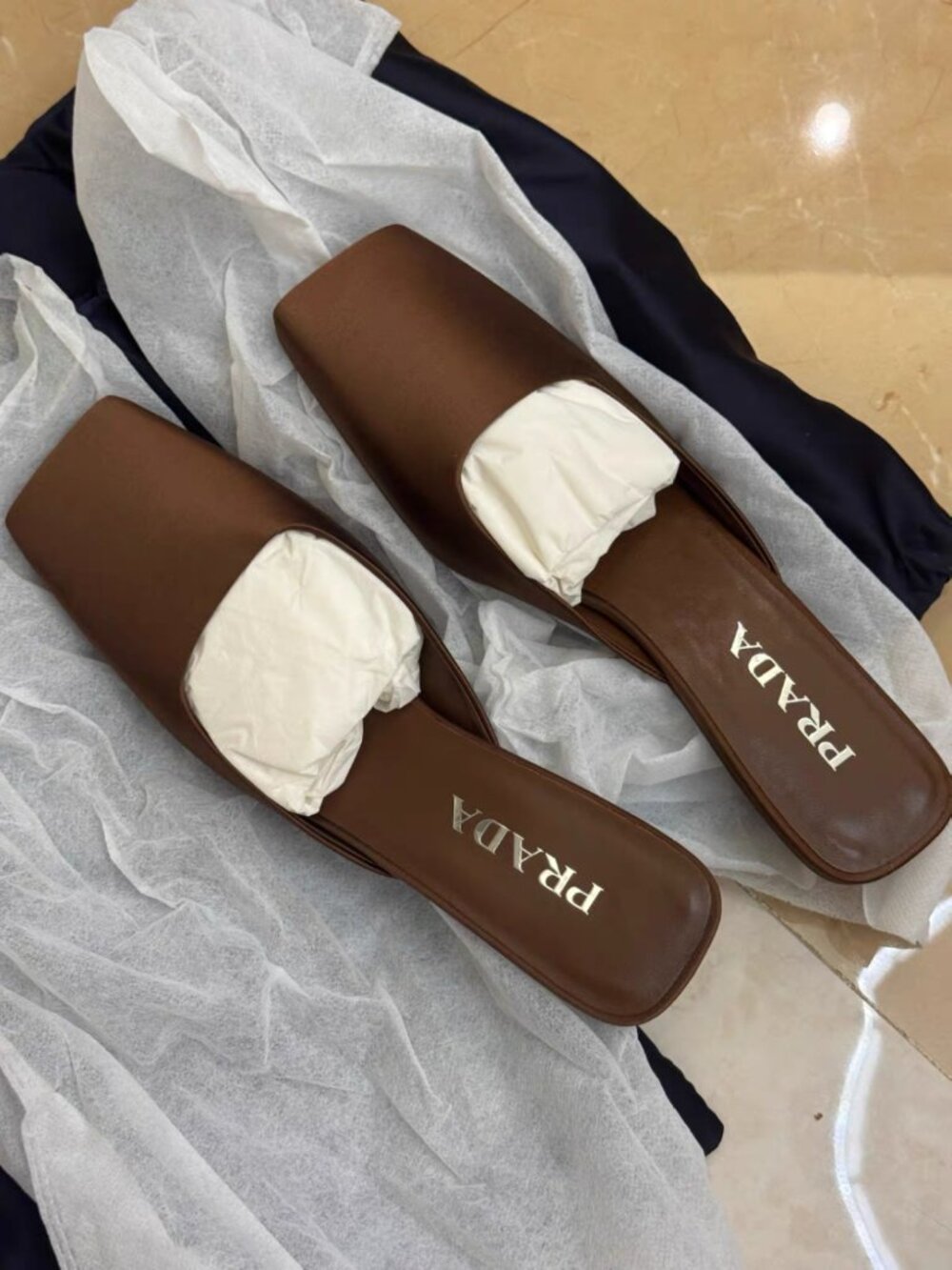 Prada Brown Satin Square Toe Flat Mule Slides